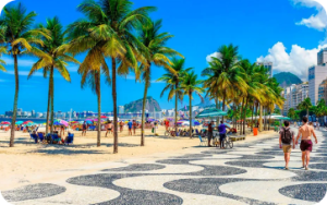 Imagem da praia de Copacabana com o calçadão e palmeiras