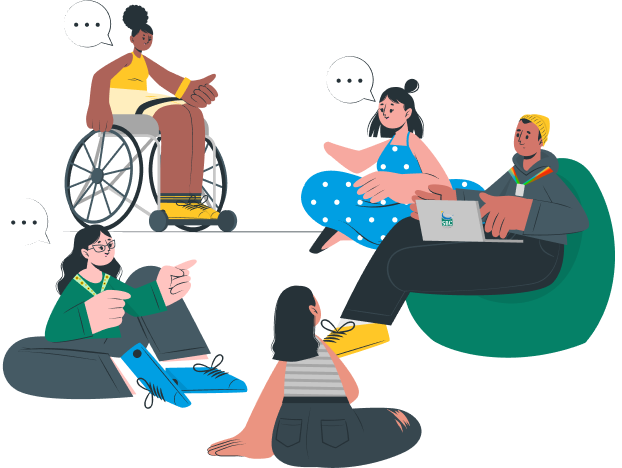 Imagem ilustrativa de um grupo de quatro pessoas em roda de conversa. Uma pessoa segura um notebook, uma pessoa está em uma cadeira de rodas.